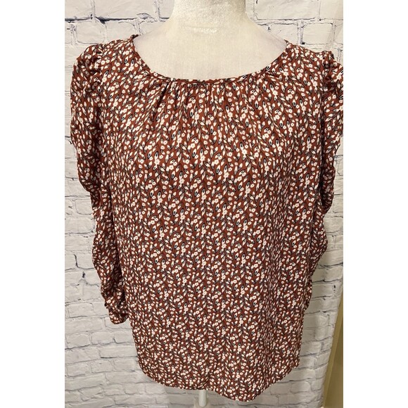 Max Studio Ruched Sleeve Floral Blouse Top Lightweight Size Medium - Picture 1 of 6